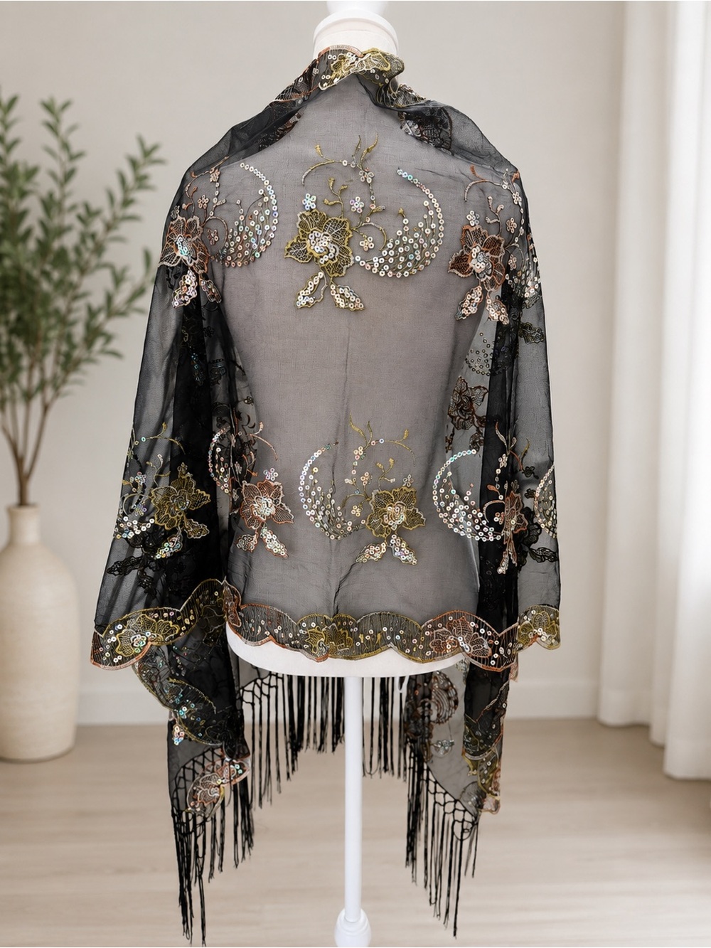 New boho Sheer Black Floral Embroidered Fringe Kimono one size - Picture 7 of 7